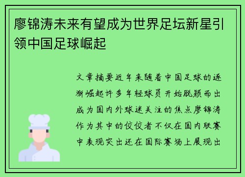 廖锦涛未来有望成为世界足坛新星引领中国足球崛起