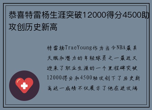 恭喜特雷杨生涯突破12000得分4500助攻创历史新高 恭喜特雷杨生涯突破12000得分4500助攻创历史新高