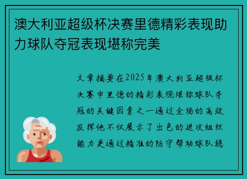 澳大利亚超级杯决赛里德精彩表现助力球队夺冠表现堪称完美 澳大利亚超级杯决赛里德精彩表现助力球队夺冠表现堪称完美